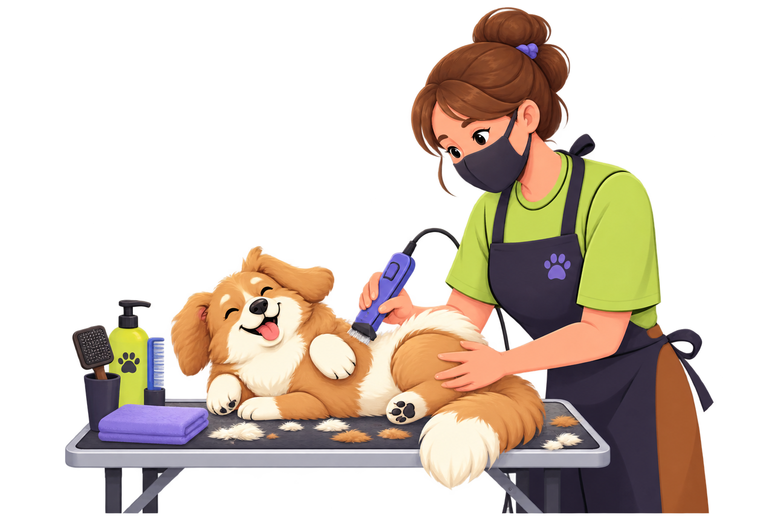 PawPals groomer gently clipping a happy dog on the grooming table