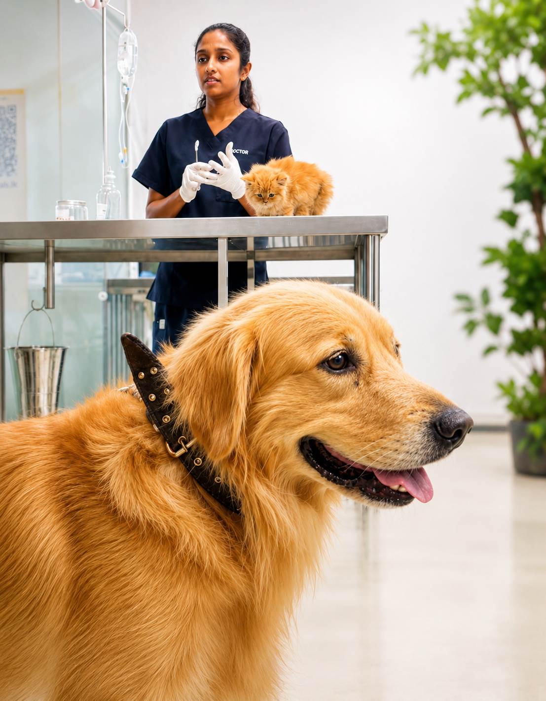 A PawPals veterinarian caring for a kitten on the exam table with a golden retriever nearby