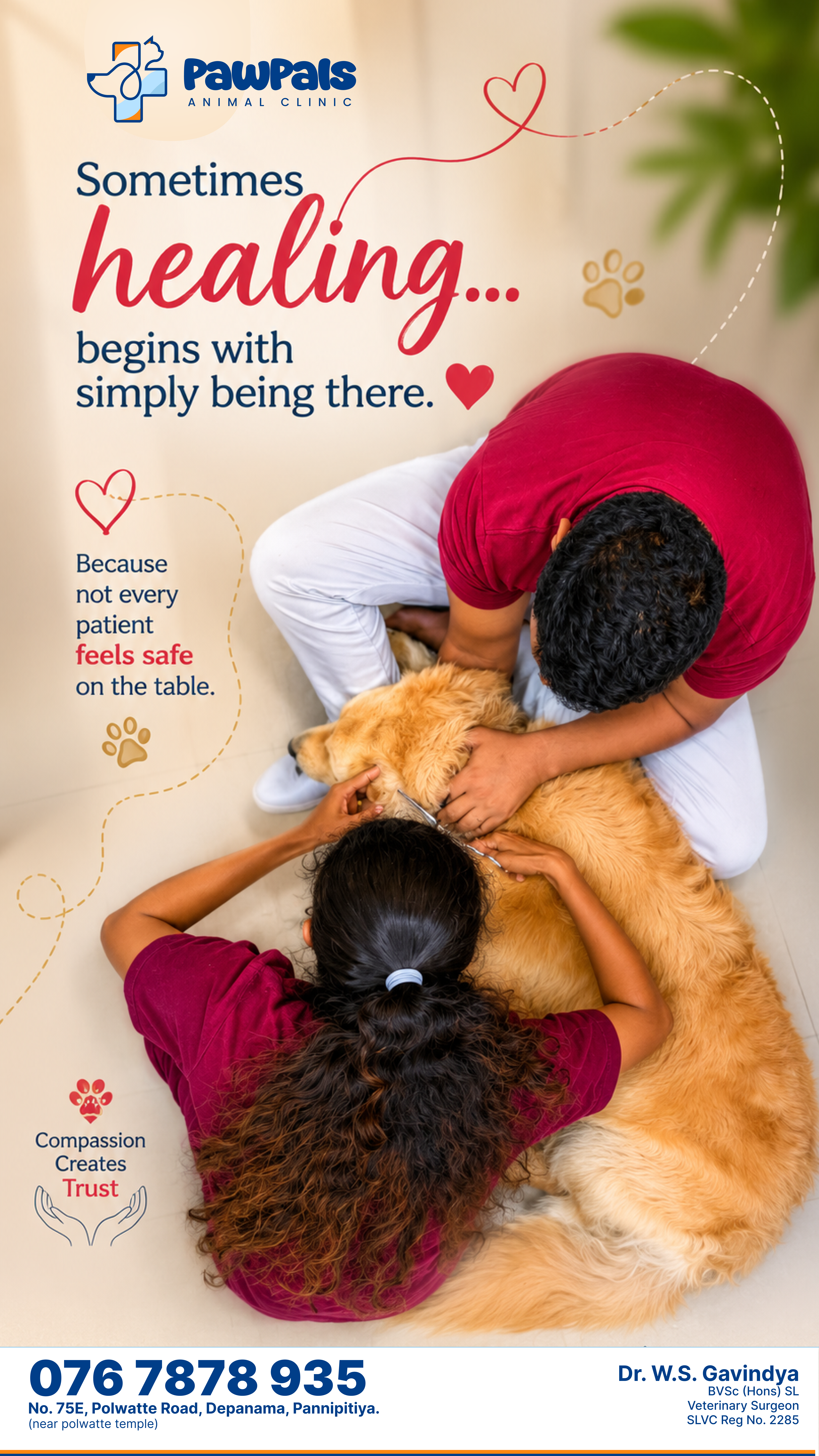 PawPals poster — healing begins with simply being there, showing gentle floor-level pet care